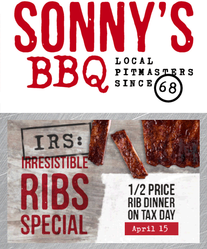 Sonnys BBQ Coupon April 2024 50% off ribs Wednesday at Sonnys BBQ
