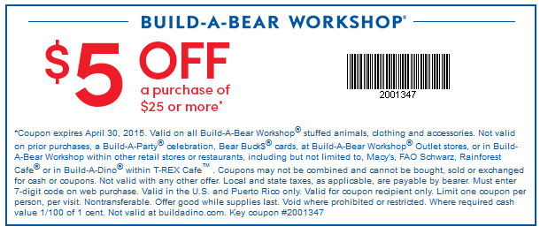 Build-A-Bear Coupon May 2024 $5 off $25 at Build-A-Bear workshop