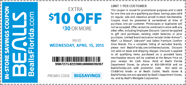 Bealls Coupon March 2024 $10 off $30 today at Bealls, or online via promo code BIGSAVINGS