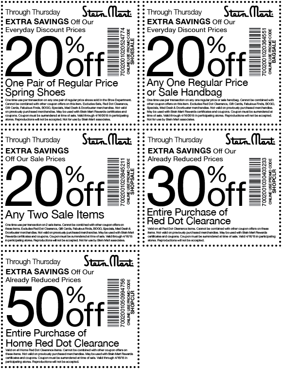Stein Mart Coupon April 2024 20-50% off at Stein Mart, or online via promo code SHOPCLR