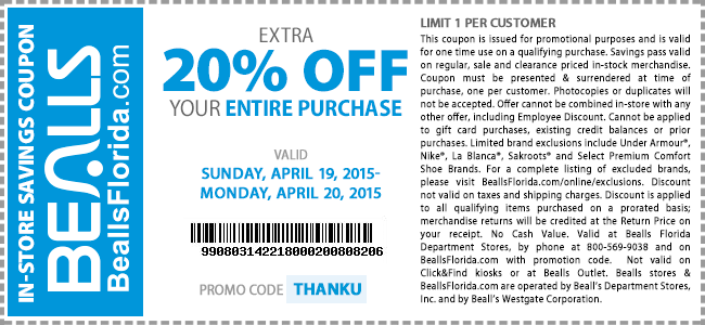 Bealls Coupon April 2024 Extra 20% off the tab at Bealls, or online via promo code THANKU