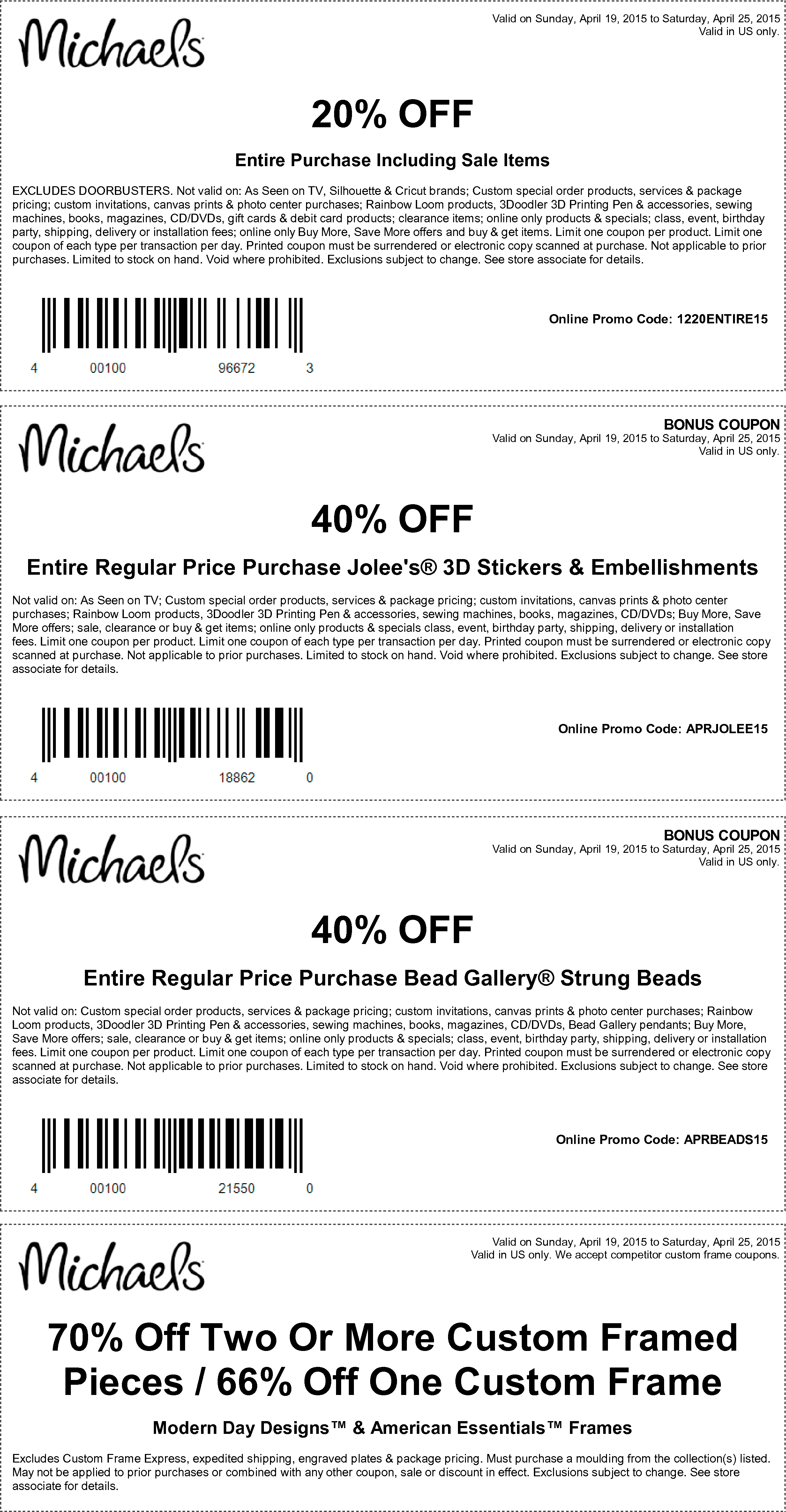 Michaels Coupon March 2024 20% off everything at Michaels, or online via promo code 1220ENTIRE15