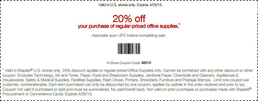 Staples Coupon May 2024 20% off office supplies at Staples, or online via promo code 58980