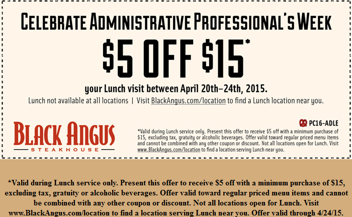 Black Angus Steakhouse Coupon March 2024 $5 off $15 on lunch at Black Angus Steakhouse