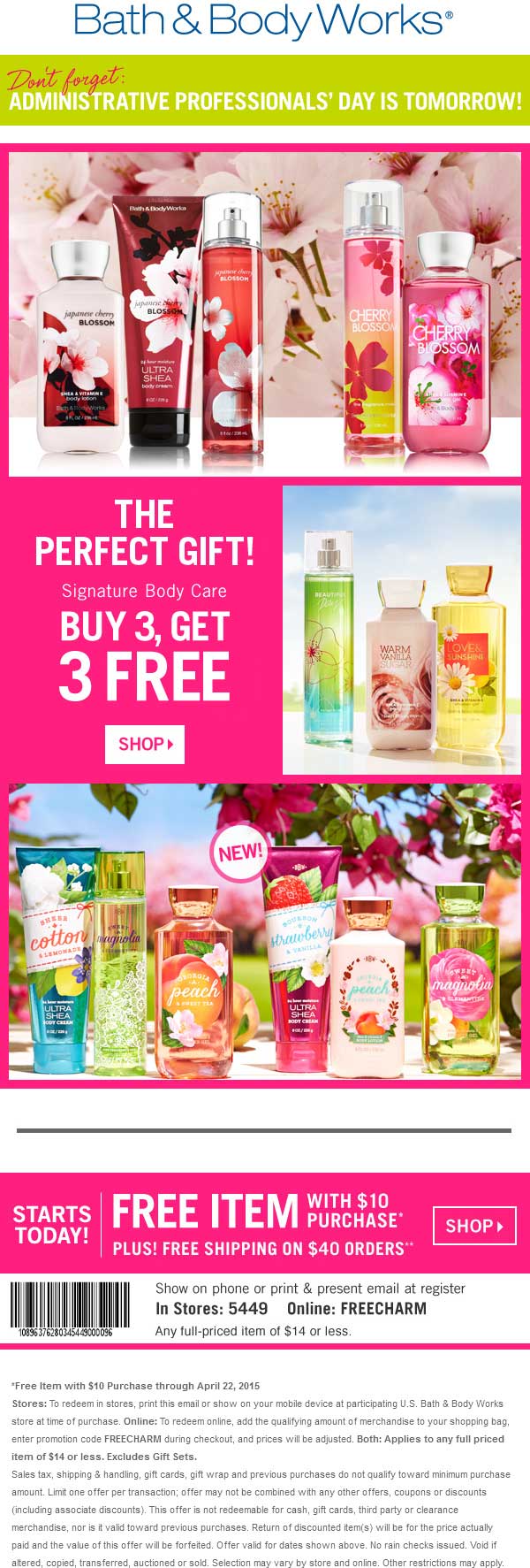Bath & Body Works Coupon April 2024 $14 item free with $10 spent today at Bath & Body Works, or online via promo code FREECHARM