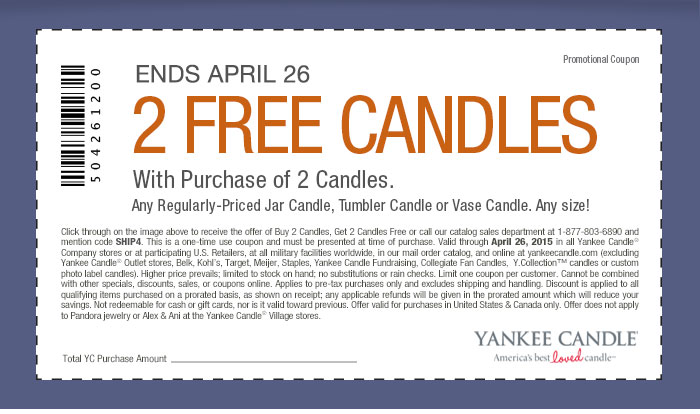 Yankee Candle Coupon April 2024 4-for-2 on candles at Yankee Candle, or online via promo code SHIP4