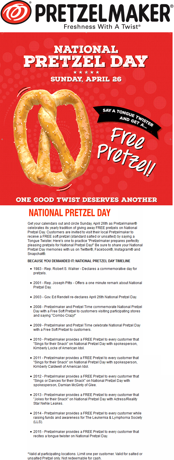 Pretzelmaker Coupon April 2024 Free pretzel Sunday at Pretzelmaker - no purchase necessary