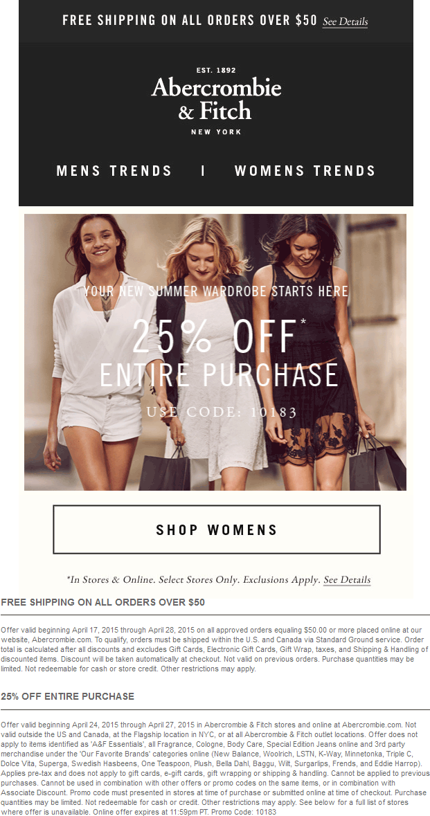 Abercrombie & Fitch Coupon April 2024 25% off at Abercrombie & Fitch, or online via promo code 10183