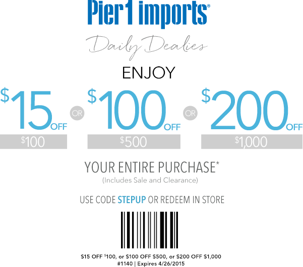 Pier 1 Coupon April 2024 $15 off $100 & more at Pier 1 Imports, or online via promo code SETUP