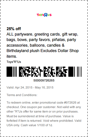 Toys R Us Coupon April 2024 25% off party supplies at Toys R Us, or online via promo code 972626
