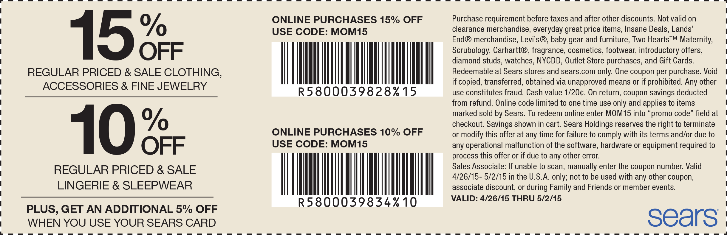 Sears Coupon April 2024 15% off apparel at Sears, or online via promo code MOM15