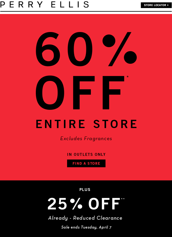 Perry Ellis Outlet Coupon April 2024 Extra 60% off the store at Perry Ellis Outlet locations, 25% off clearance