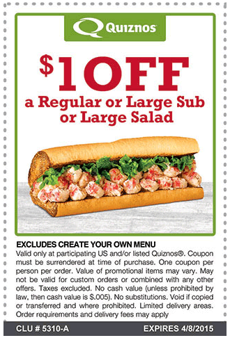Quiznos Coupon April 2024 Shave $1 buck off your sub or salad at Quiznos