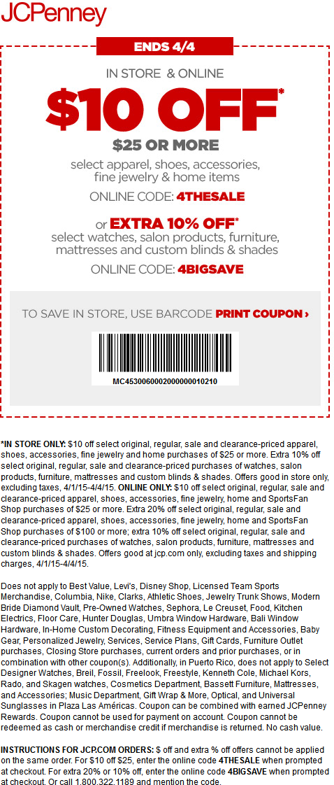 JCPenney Coupon April 2024 $10 off $25 at JCPenney, or online via promo code 4THESALE