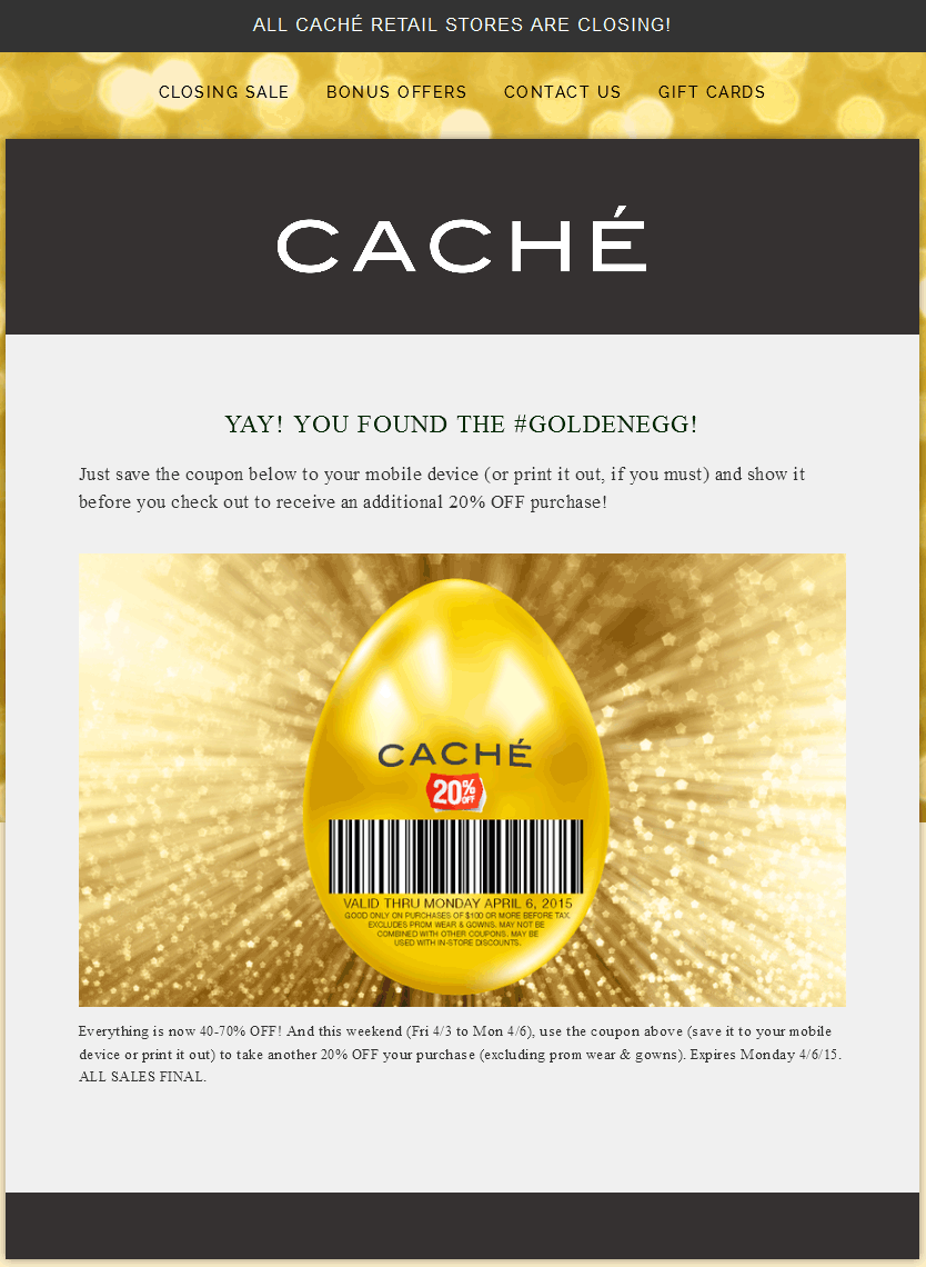Cache Coupon March 2024 Extra 20% off the 40-70% everything store closing sale today at Cache