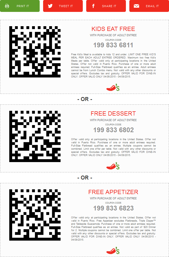Chilis Coupon April 2024 Free appetizer, dessert or kids meal at Chilis