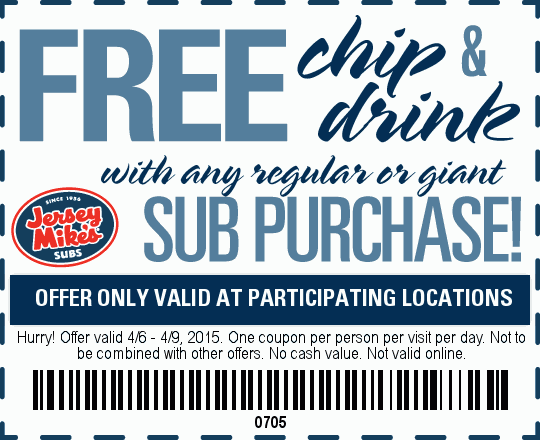 Jersey Mikes Coupon March 2024 Chips & drink free with your sub at Jersey Mikes