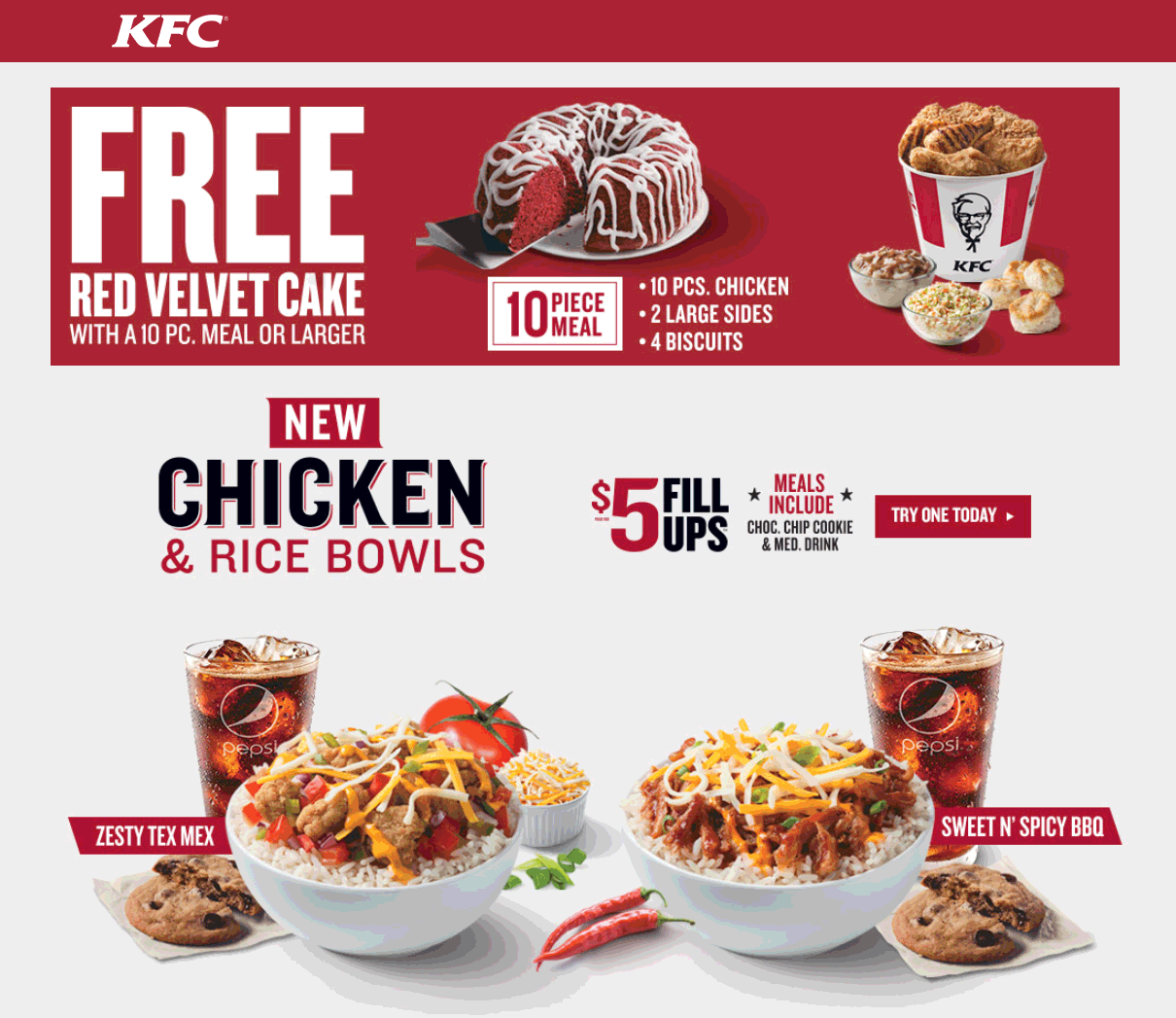 KFC Coupon April 2024 Red velvet cake free with your 10pc meal at KFC