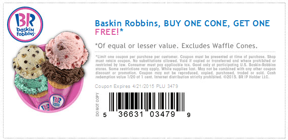 Baskin Robbins Coupon April 2024 Second ice cream cone free at Baskin Robbins