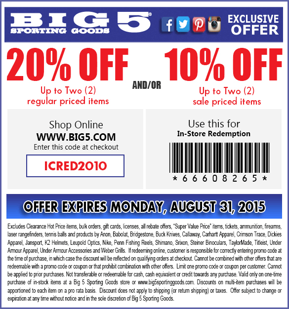 Big 5 coupons 20 off a couple items at Big 5 sporting