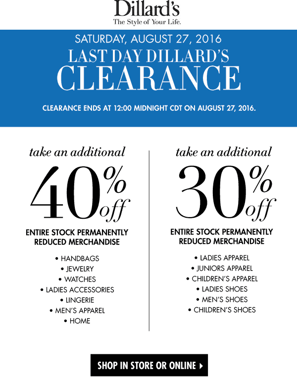 Dillards Coupons Extra 50 off clearance items today at Dillards