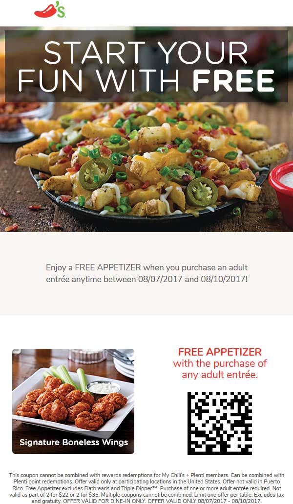Chilis Coupons Free Appetizer With Your Entree At Chilis