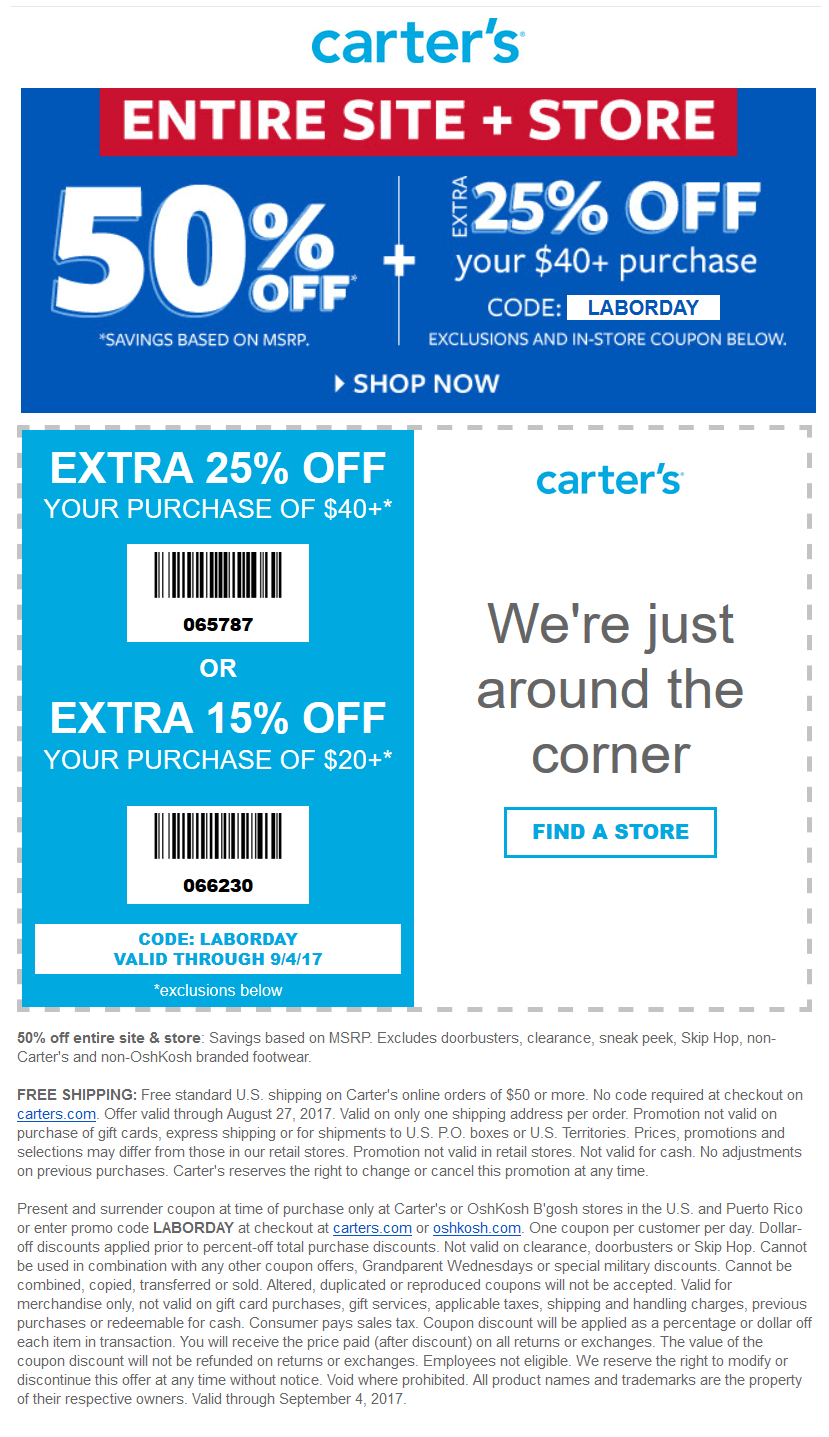 Carters Coupons 1525 off 20+ at Carters, or online via promo code