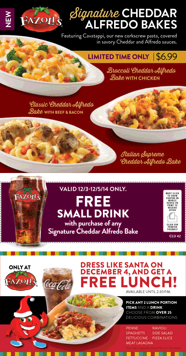 Fazolis Coupon April 2024 Free drink with your bake + dress like santa Thurs for a free lunch at Fazolis