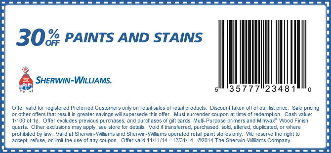 Sherwin Williams Coupon March 2024 30% off paint & stains at Sherwin Williams