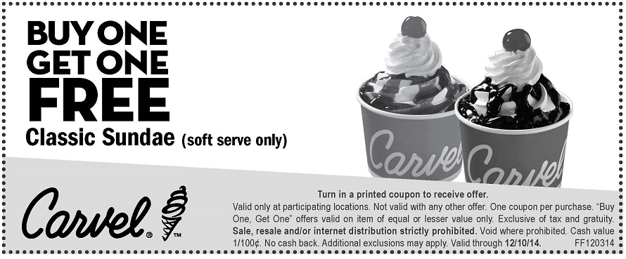 Carvel Coupon April 2024 Second ice cream sundae free at Carvel
