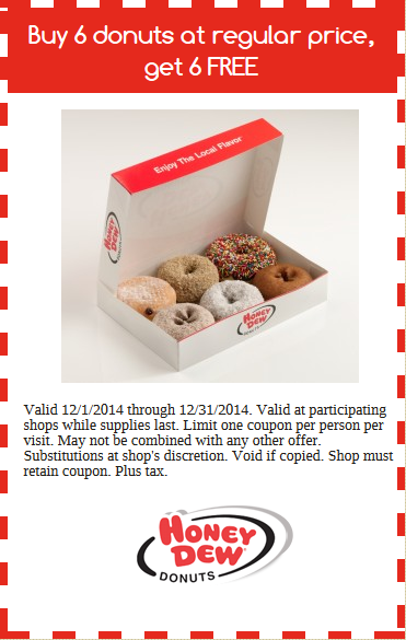 Honey Dew Donuts Coupon March 2024 Second 6pk doughnuts free at Honey Dew Donuts