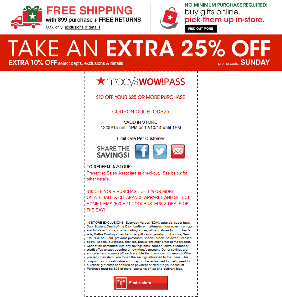 Macys Coupon April 2024 $10 off $25 Tues & Weds at Macys, or 25% off online today via promo code SUNDAY