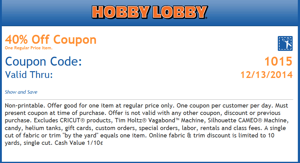 Hobby Lobby Coupon April 2024 40% off a single item at Hobby Lobby, or online via promo code 1015