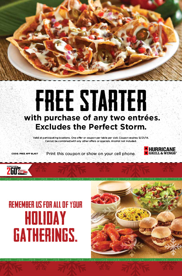 Hurricane Grill Coupon April 2024 Free starter with your entrees at Hurricane Grill & Wings
