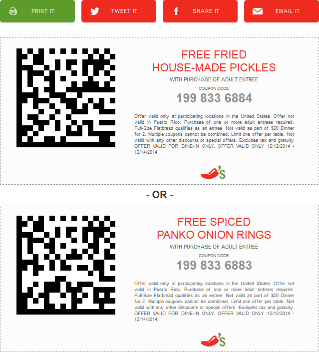Chilis Coupon April 2024 Pickle fries or spiced onion rings free with your entree at Chilis
