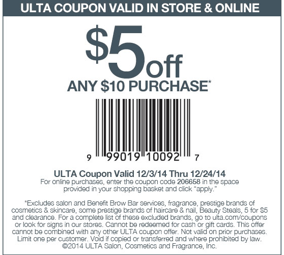 Ulta Coupon April 2024 $5 off $10 at Ulta, or online via promo code 206658