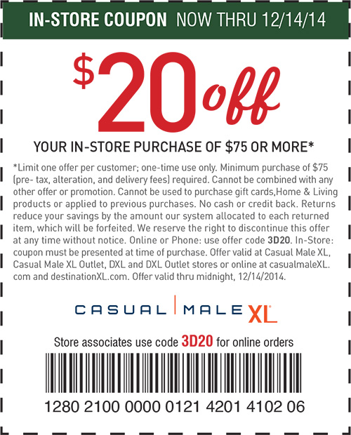 Casual Male XL Coupon April 2024 $20 off $75 at Casual Male XL, or online via promo code 3D20