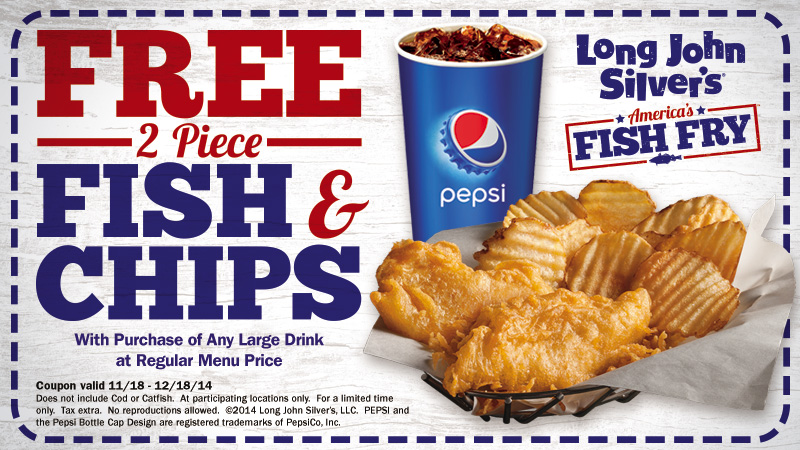 Long John Silvers Coupons Fish & chips free with your drink at Long