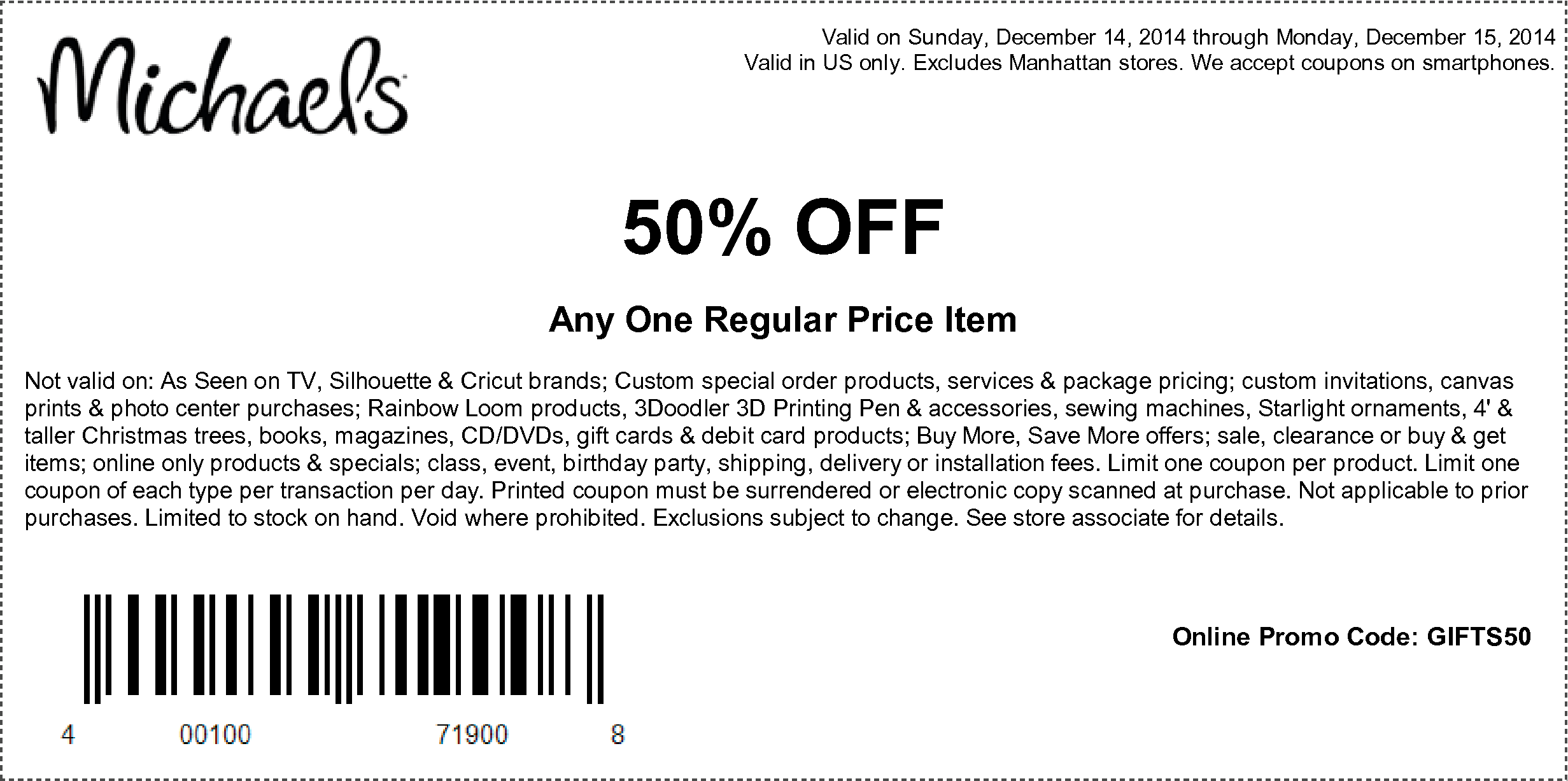 Michaels Coupon March 2024 50% off a single item at Michaels, or online via promo code GIFTS50