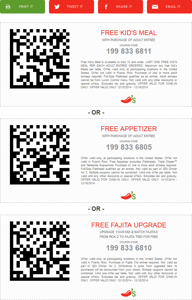 Chilis Coupon April 2024 Free appetizer or kids meal with your entree at Chilis