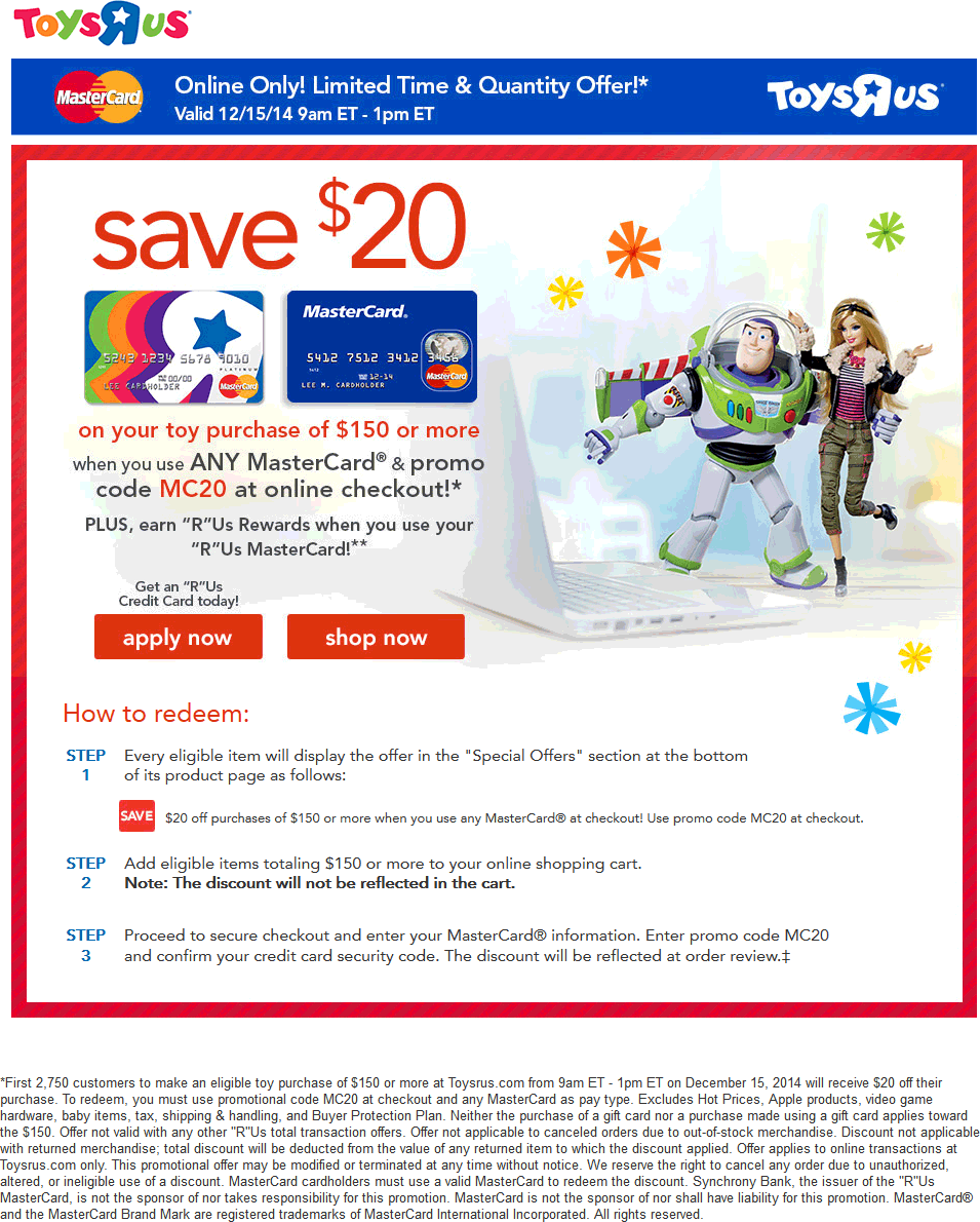 Toys R Us Coupon April 2024 $20 off $150 via specific brand card online til 1pm today at Toys R Us via promo MC20