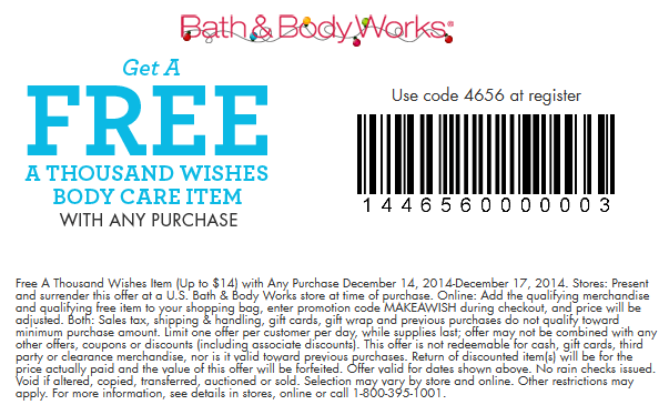 Bath & Body Works Coupon March 2024 Free $14 body care item with any purchase at Bath & Body Works, or online via promo code MAKEAWISH