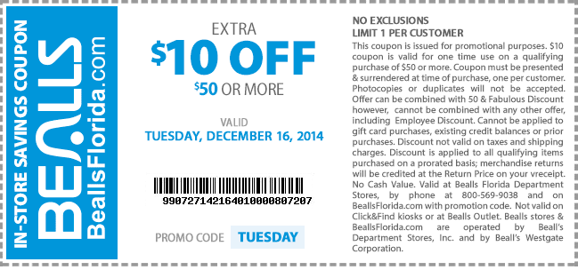 Bealls Coupon April 2024 $10 off $50 today at Bealls, or online via promo code TUESDAY