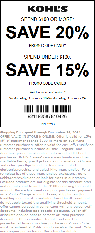 Kohls Coupon May 2024 15-20% off at Kohls, or online via promo code CANES