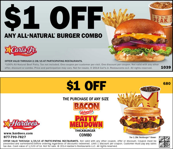 Carls Jr Coupon April 2024 Shave $1 buck off a burger combo meal at Carls Jr., or bacon burger combo at Hardees