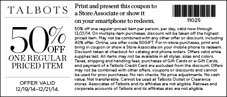 Talbots Coupon April 2024 50% off a single item at Talbots, or online via promo code 50GIFT