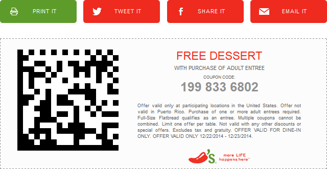 Chilis Coupon April 2024 Free dessert with your entree at Chilis