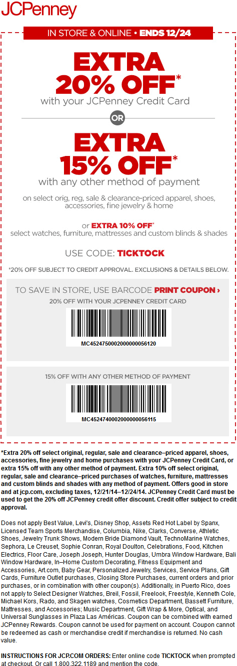 JCPenney Coupon April 2024 Extra 15% off at JCPenney, or online via promo code TICKTOCK