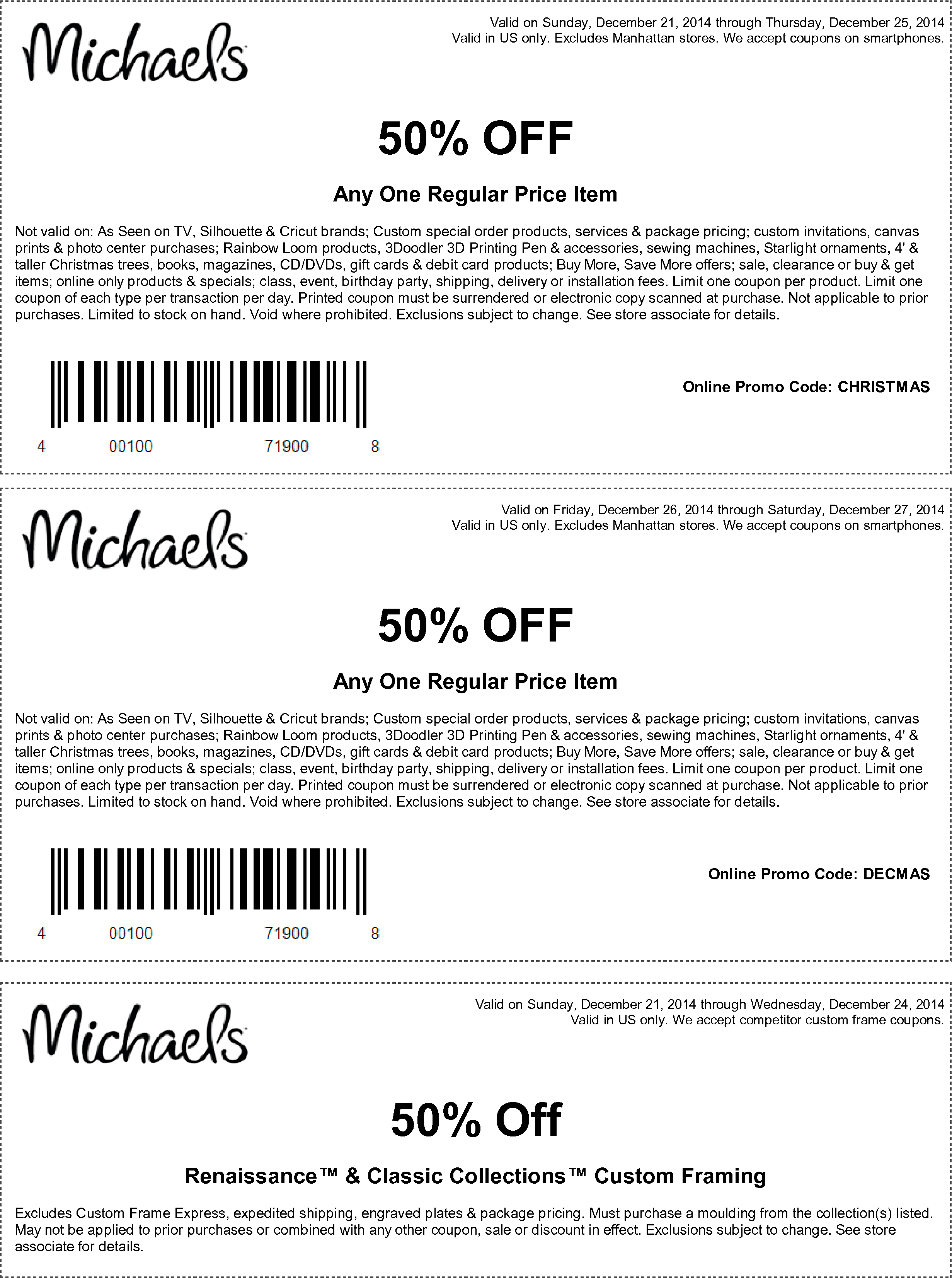 Michaels Coupon March 2024 50% off a single item at Michaels, or online via promo code CHRISTMAS