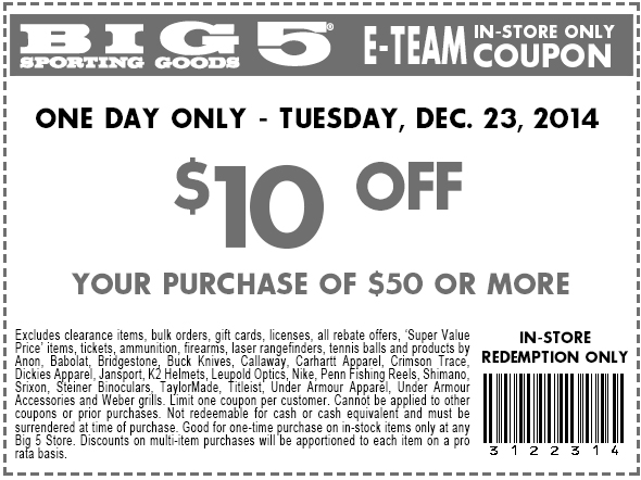 Big 5 Coupon May 2024 $10 off $50 today at Big 5 sporting goods
